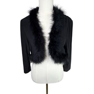 Y2K Black Faux Fur Trim Cropped Jacket Bolero Shrug Goth Party Coquette L